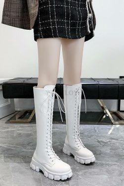 Y2K Grunge White Knee High Low Platform Boots - Retro 90s Fashion, Summer & Party Outfits