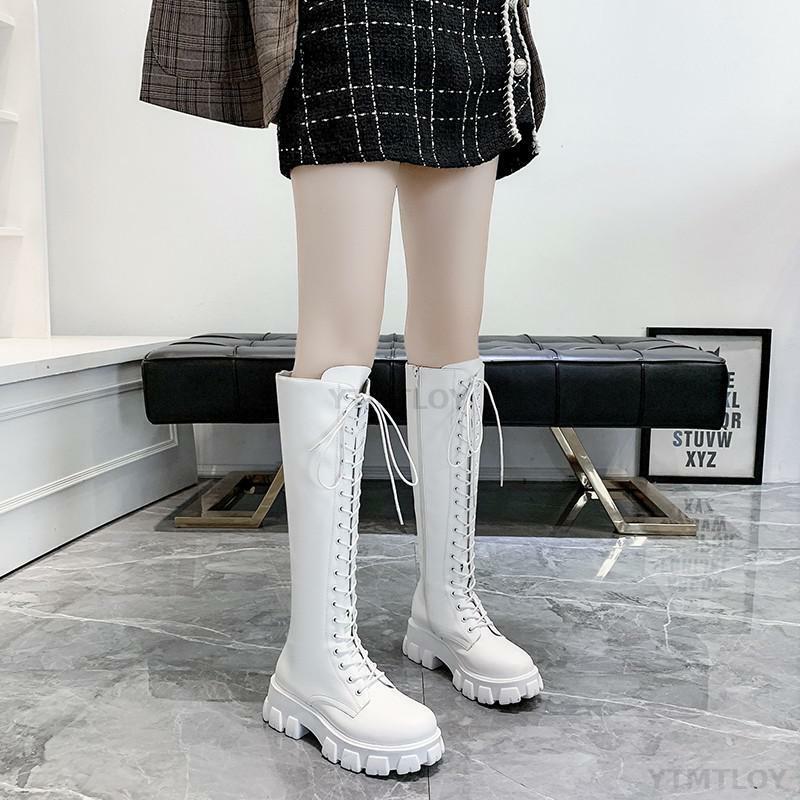 Y2K Grunge White Knee High Low Platform Boots - Retro 90s Fashion, Summer & Party Outfits