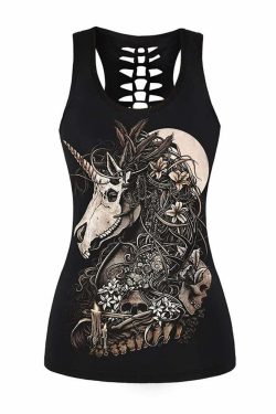 Y2K Grunge Wild Horse Skull Art Hollow Out Back Tank Top - Retro 90s Summer Fashion