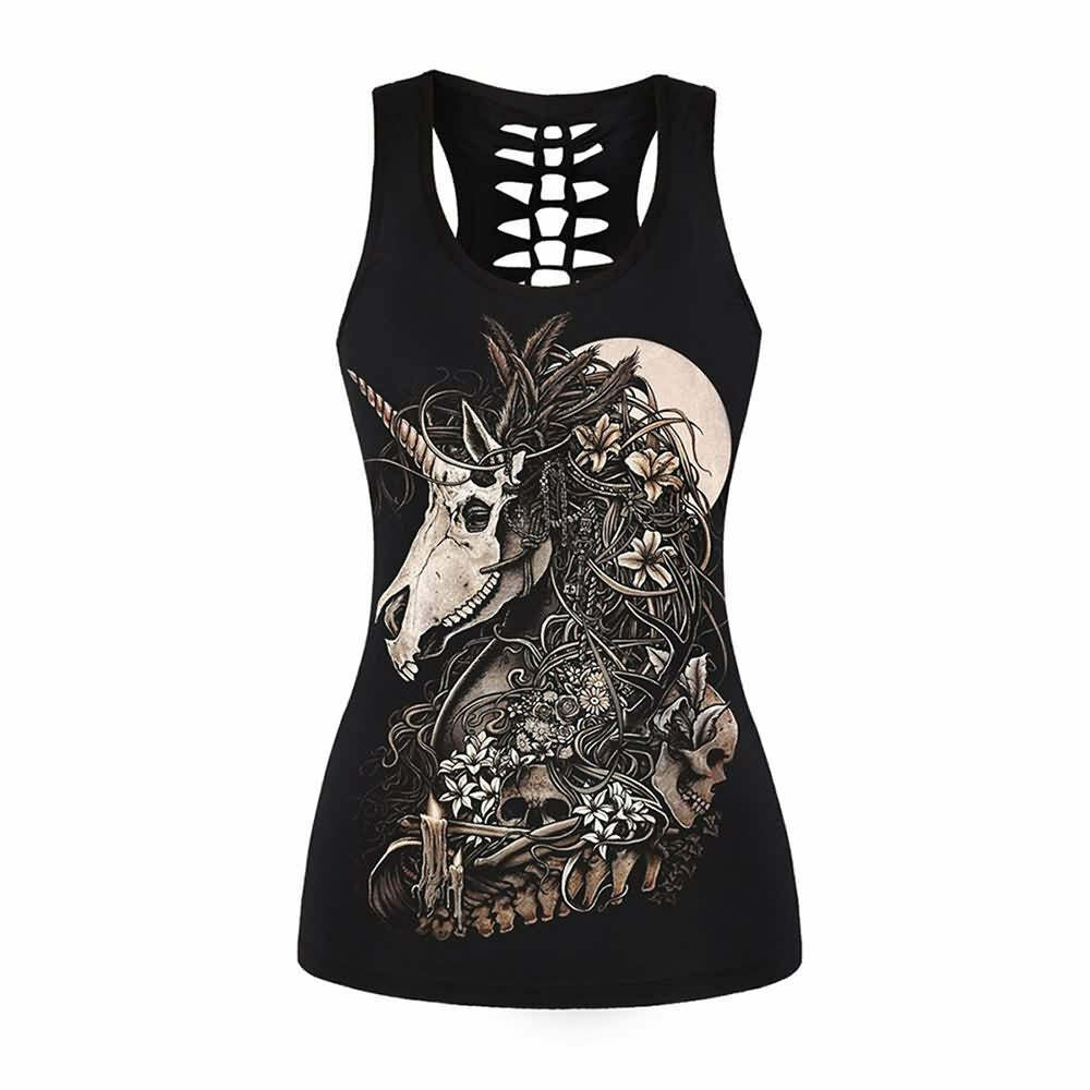 Y2K Grunge Wild Horse Skull Art Hollow Out Back Tank Top - Retro 90s Summer Fashion