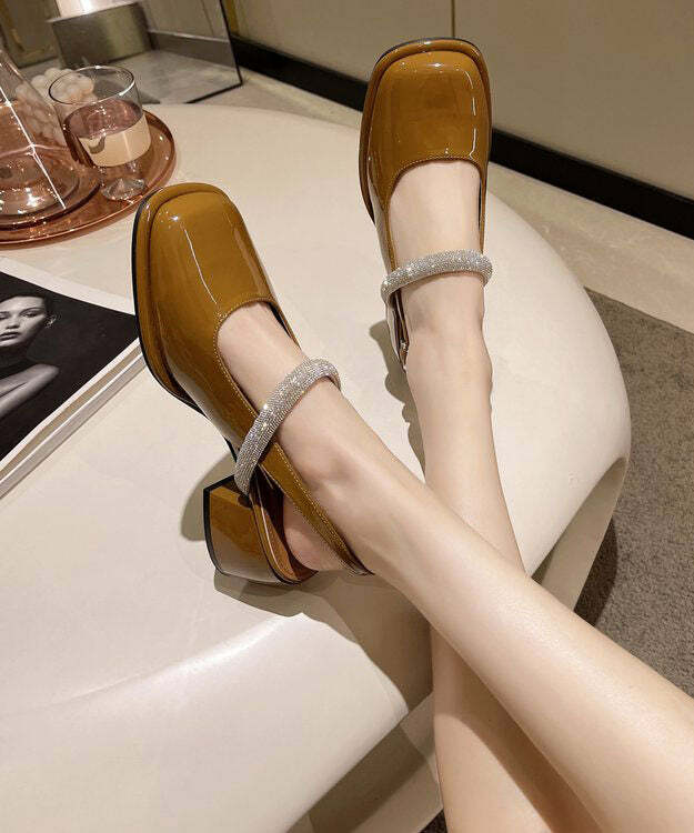 Y2K Grunge Yellow Buckle Strap Faux Leather Chunky Heel Sandals - Retro 90s Fashion