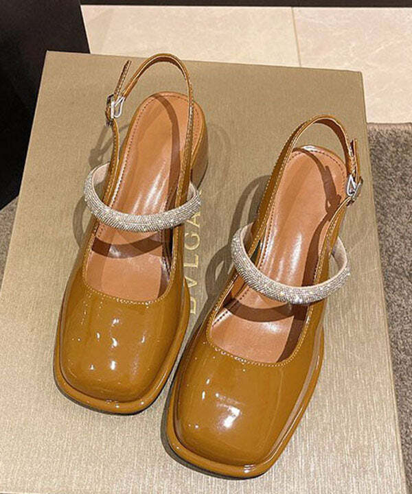Y2K Grunge Yellow Buckle Strap Faux Leather Chunky Heel Sandals - Retro 90s Fashion