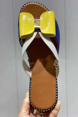 Y2K Grunge Yellow Peep Toe Faux Leather Bow Slide Sandals - Retro 90s Summer Fashion