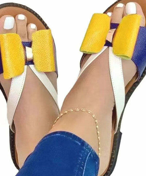 Y2K Grunge Yellow Peep Toe Faux Leather Bow Slide Sandals - Retro 90s Summer Fashion