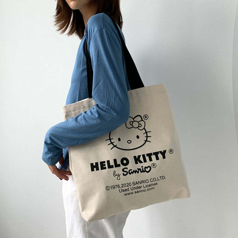 Y2K Hello Kitty Canvas Tote Bag - Perfect for 90s Grunge, Retro, and Summer Y2K Outfits