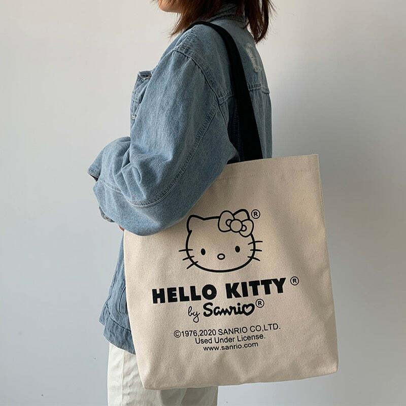 Y2K Hello Kitty Canvas Tote Bag - Perfect for 90s Grunge, Retro, and Summer Y2K Outfits