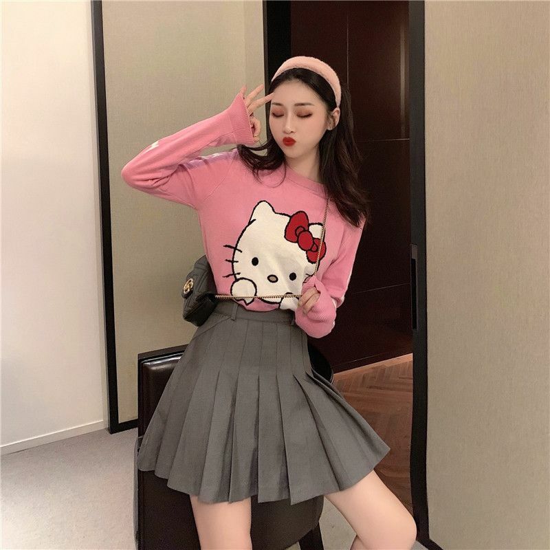 Y2K Hello Kitty Knitted Crop Sweater - 90s Grunge, Retro, Pastel Goth, Summer Y2K Outfits