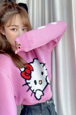 Y2K Hello Kitty Knitted Crop Sweater - 90s Grunge, Retro, Pastel Goth, Summer Y2K Outfits