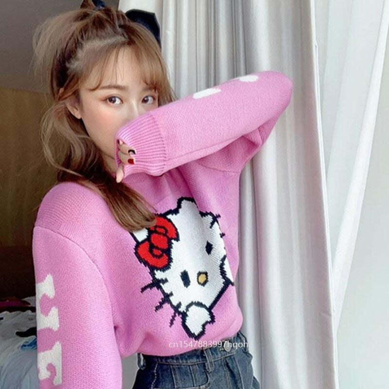 Y2K Hello Kitty Knitted Crop Sweater - 90s Grunge, Retro, Pastel Goth, Summer Y2K Outfits