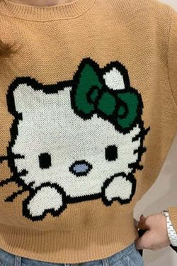 Y2K Hello Kitty Knitted Crop Sweater - 90s Grunge, Retro, Pastel Goth, Summer Y2K Outfits