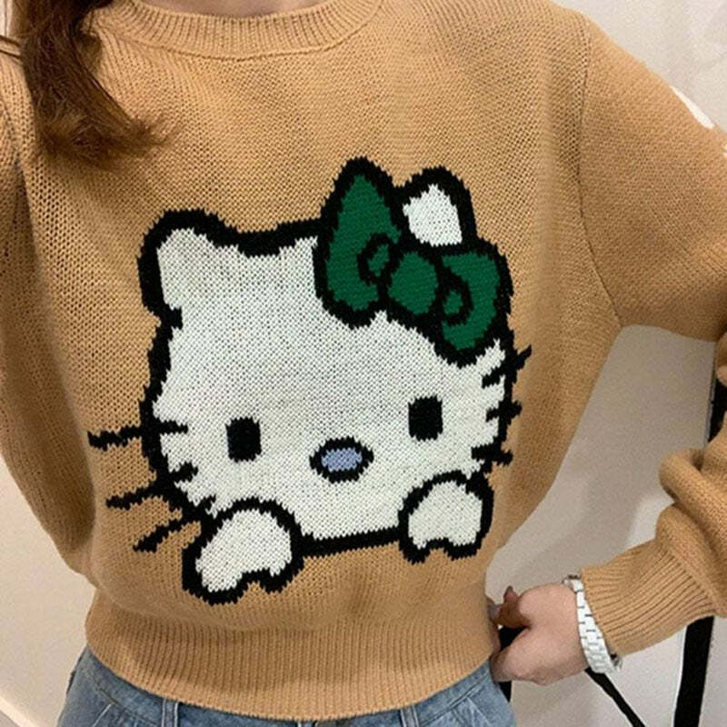 Y2K Hello Kitty Knitted Crop Sweater - 90s Grunge, Retro, Pastel Goth, Summer Y2K Outfits