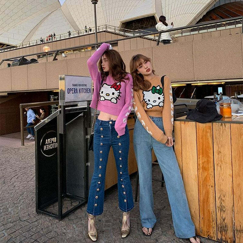 Y2K Hello Kitty Knitted Crop Sweater - 90s Grunge, Retro, Pastel Goth, Summer Y2K Outfits