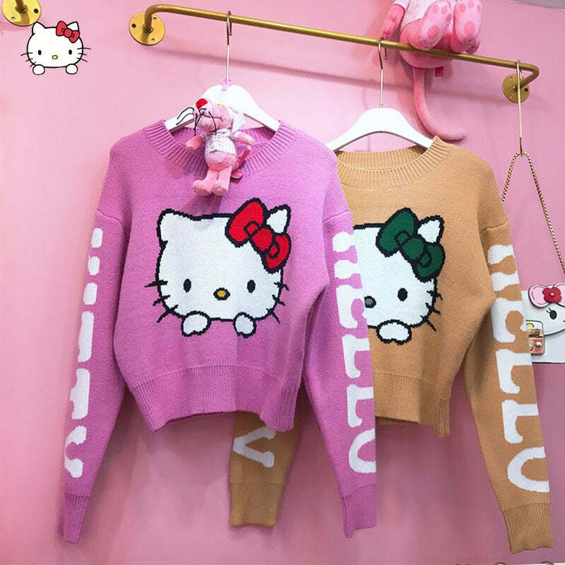 Y2K Hello Kitty Knitted Crop Sweater - 90s Grunge, Retro, Pastel Goth, Summer Y2K Outfits