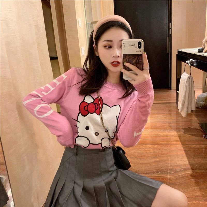 Y2K Hello Kitty Knitted Crop Sweater - 90s Grunge, Retro, Pastel Goth, Summer Y2K Outfits