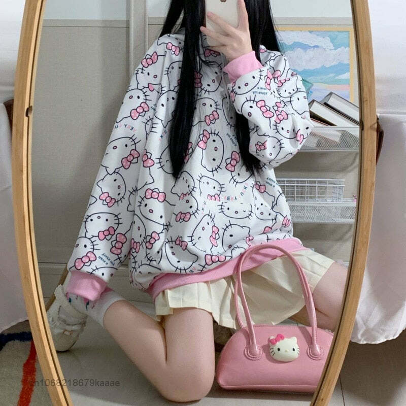 Y2K Hello Kitty Pattern Hoodie Sweatshirt - 90s Grunge, Retro, Pastel Goth, Summer Outfits