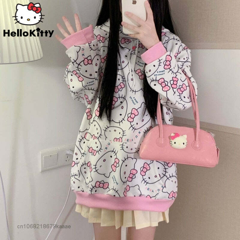 Y2K Hello Kitty Pattern Hoodie Sweatshirt - 90s Grunge, Retro, Pastel Goth, Summer Outfits
