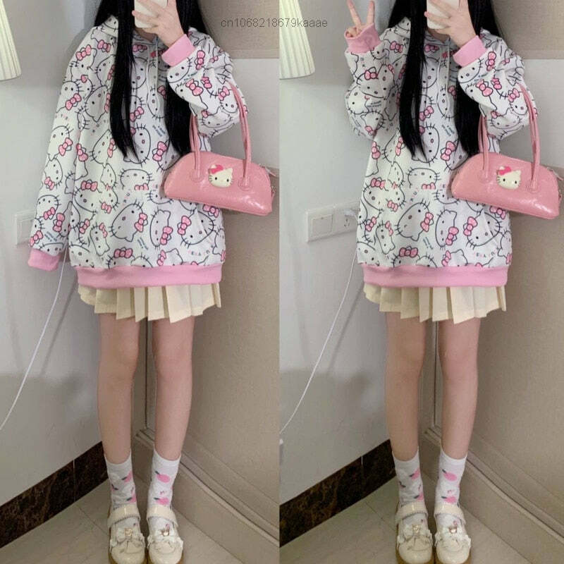 Y2K Hello Kitty Pattern Hoodie Sweatshirt - 90s Grunge, Retro, Pastel Goth, Summer Outfits