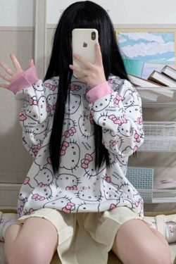 Y2K Hello Kitty Pattern Hoodie Sweatshirt - 90s Grunge, Retro, Pastel Goth, Summer Outfits