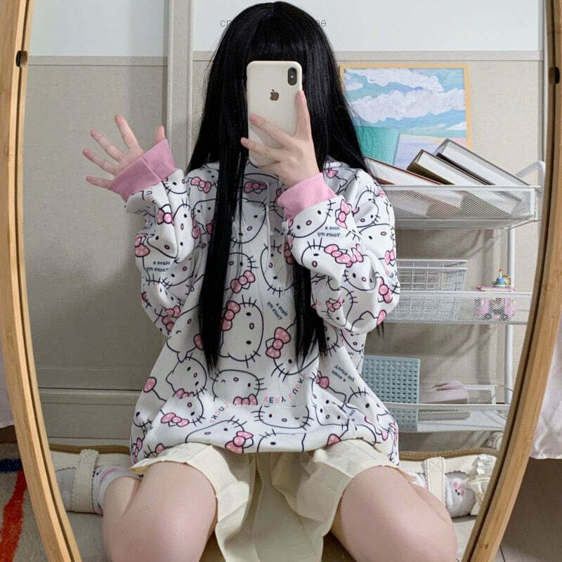 Y2K Hello Kitty Pattern Hoodie Sweatshirt - 90s Grunge, Retro, Pastel Goth, Summer Outfits