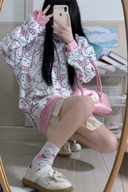 Y2K Hello Kitty Pattern Hoodie Sweatshirt - 90s Grunge, Retro, Pastel Goth, Summer Outfits