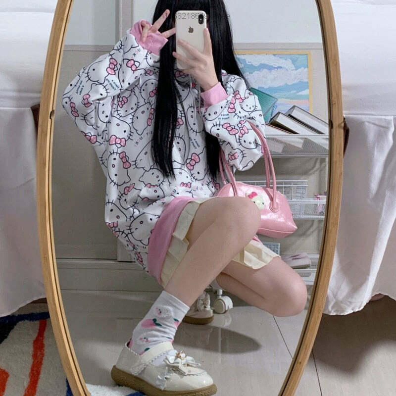 Y2K Hello Kitty Pattern Hoodie Sweatshirt - 90s Grunge, Retro, Pastel Goth, Summer Outfits