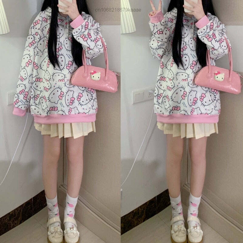 Y2K Hello Kitty Pattern Hoodie Sweatshirt - 90s Grunge, Retro, Pastel Goth, Summer Outfits