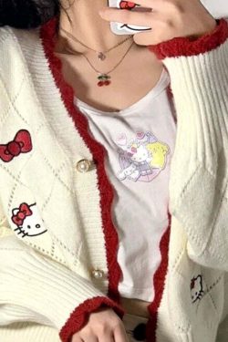 Y2K Hello Kitty Sweater Cardigan - 90s Grunge, Retro, Pastel Goth, Summer Y2K Outfits