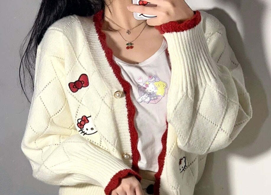 Y2K Hello Kitty Sweater Cardigan - 90s Grunge, Retro, Pastel Goth, Summer Y2K Outfits