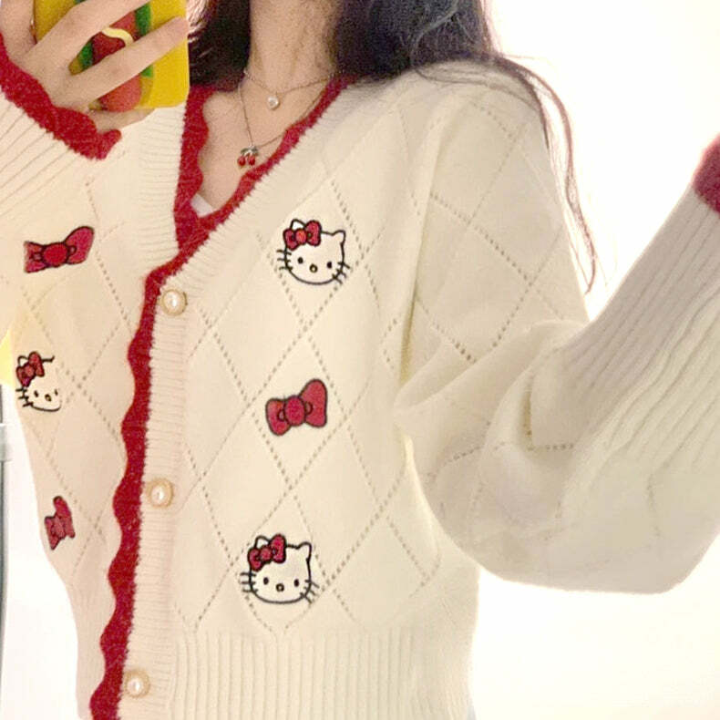 Y2K Hello Kitty Sweater Cardigan - 90s Grunge, Retro, Pastel Goth, Summer Y2K Outfits