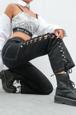 Y2K High Waisted Lace Up Pants - 90s Grunge, Retro, Summer, Party, Club, Goth, Popstar Outfits