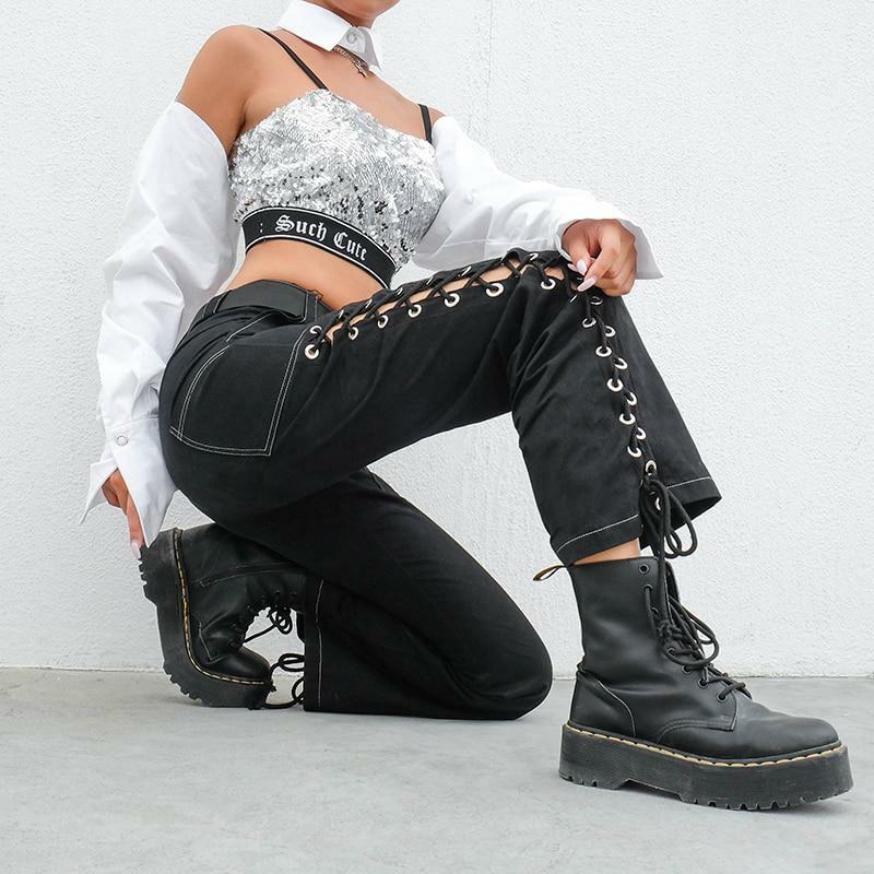 Y2K High Waisted Lace Up Pants - 90s Grunge, Retro, Summer, Party, Club, Goth, Popstar Outfits