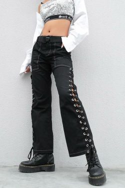 Y2K High Waisted Lace Up Pants - 90s Grunge, Retro, Summer, Party, Club, Goth, Popstar Outfits