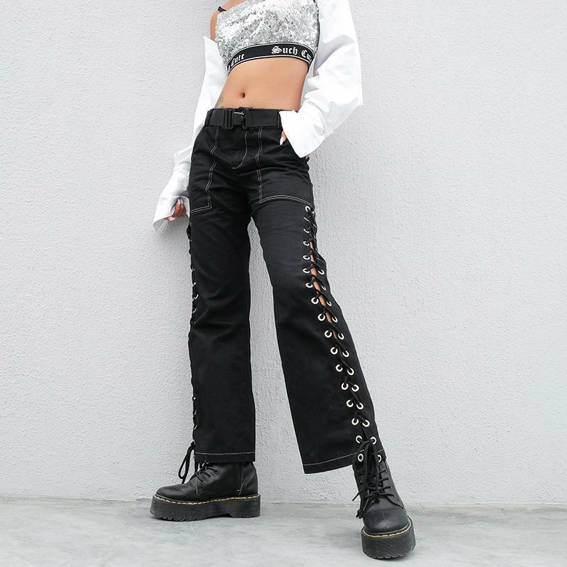Y2K High Waisted Lace Up Pants - 90s Grunge, Retro, Summer, Party, Club, Goth, Popstar Outfits