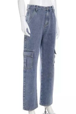 Y2K High Waisted Loose Pocket Jeans - 90s Grunge, Retro Summer, Y2K Club & Party Outfits