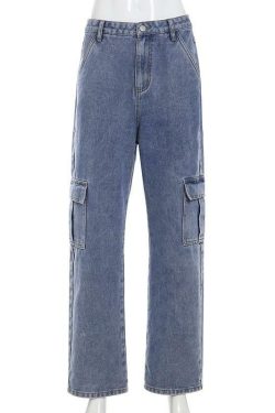 Y2K High Waisted Loose Pocket Jeans - 90s Grunge, Retro Summer, Y2K Club & Party Outfits
