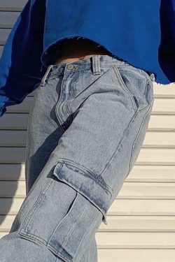 Y2K High Waisted Loose Pocket Jeans - 90s Grunge, Retro Summer, Y2K Club & Party Outfits
