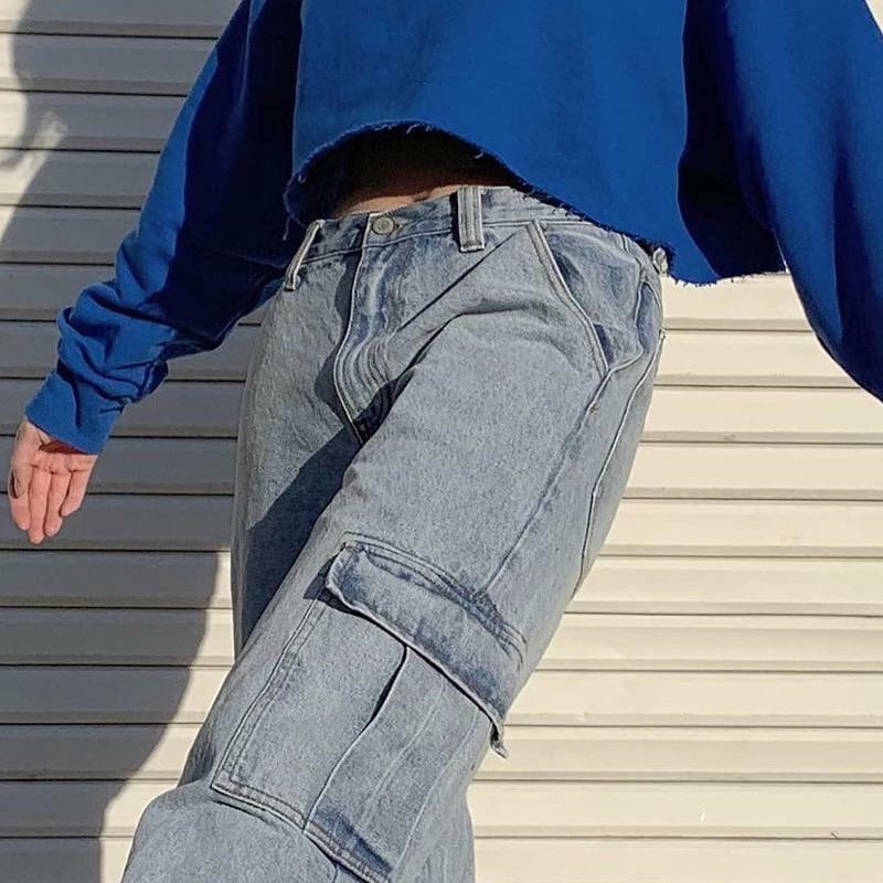 Y2K High Waisted Loose Pocket Jeans - 90s Grunge, Retro Summer, Y2K Club & Party Outfits