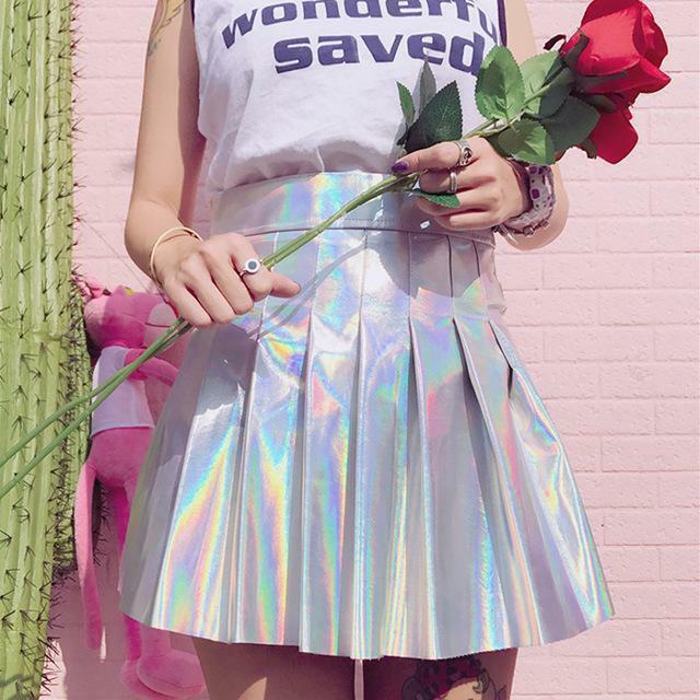 Y2K Holographic Pleated Skirt - Retro 90s Grunge, Summer Party, Club & Popstar Outfits