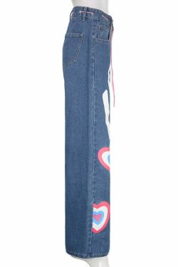 Y2K Indie Girl Heart Baggy Jeans - Retro 90s Grunge, Summer Y2K Outfits, Pastel Goth Style