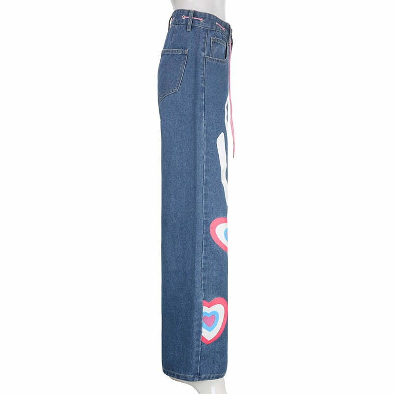 Y2K Indie Girl Heart Baggy Jeans - Retro 90s Grunge, Summer Y2K Outfits, Pastel Goth Style