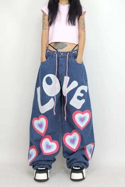 Y2K Indie Girl Heart Baggy Jeans - Retro 90s Grunge, Summer Y2K Outfits, Pastel Goth Style