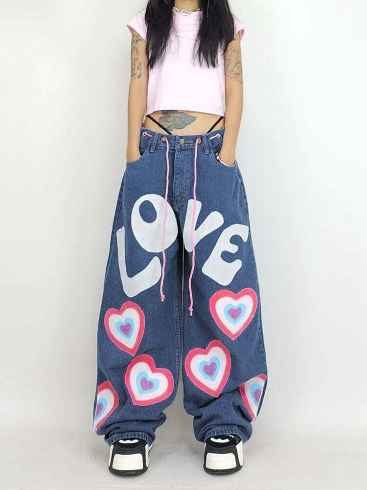 Y2K Indie Girl Heart Baggy Jeans - Retro 90s Grunge, Summer Y2K Outfits, Pastel Goth Style