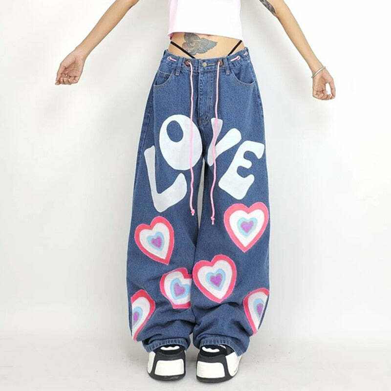 Y2K Indie Girl Heart Baggy Jeans - Retro 90s Grunge, Summer Y2K Outfits, Pastel Goth Style