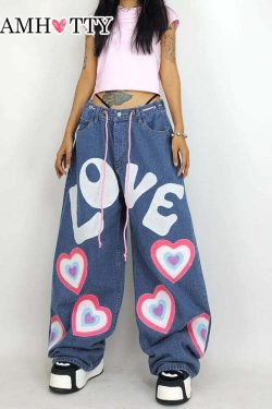 Y2K Indie Girl Heart Baggy Jeans - Retro 90s Grunge, Summer Y2K Outfits, Pastel Goth Style