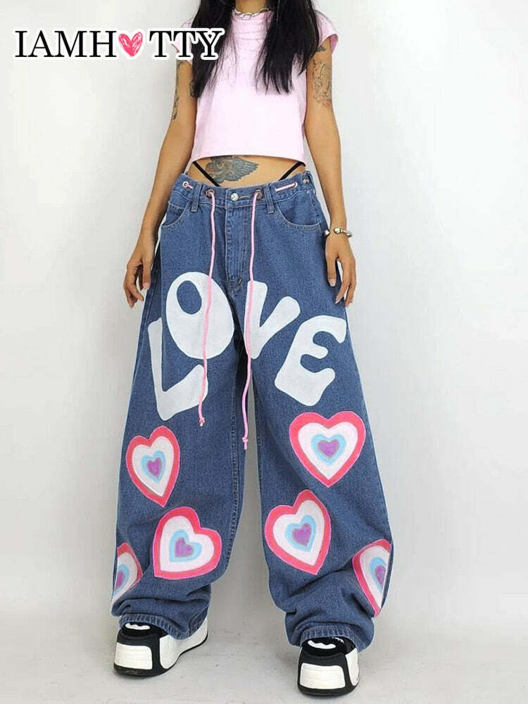 Y2K Indie Girl Heart Baggy Jeans - Retro 90s Grunge, Summer Y2K Outfits, Pastel Goth Style