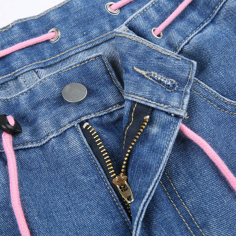 Y2K Indie Girl Heart Baggy Jeans - Retro 90s Grunge, Summer Y2K Outfits, Pastel Goth Style