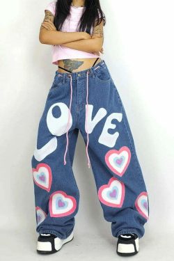 Y2K Indie Girl Heart Baggy Jeans - Retro 90s Grunge, Summer Y2K Outfits, Pastel Goth Style