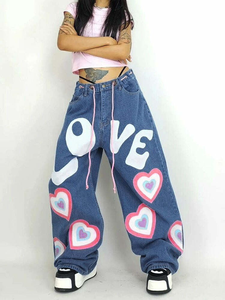 Y2K Indie Girl Heart Baggy Jeans - Retro 90s Grunge, Summer Y2K Outfits, Pastel Goth Style