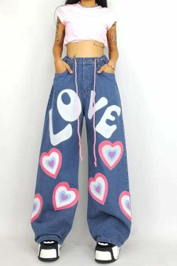 Y2K Indie Girl Heart Baggy Jeans - Retro 90s Grunge, Summer Y2K Outfits, Pastel Goth Style