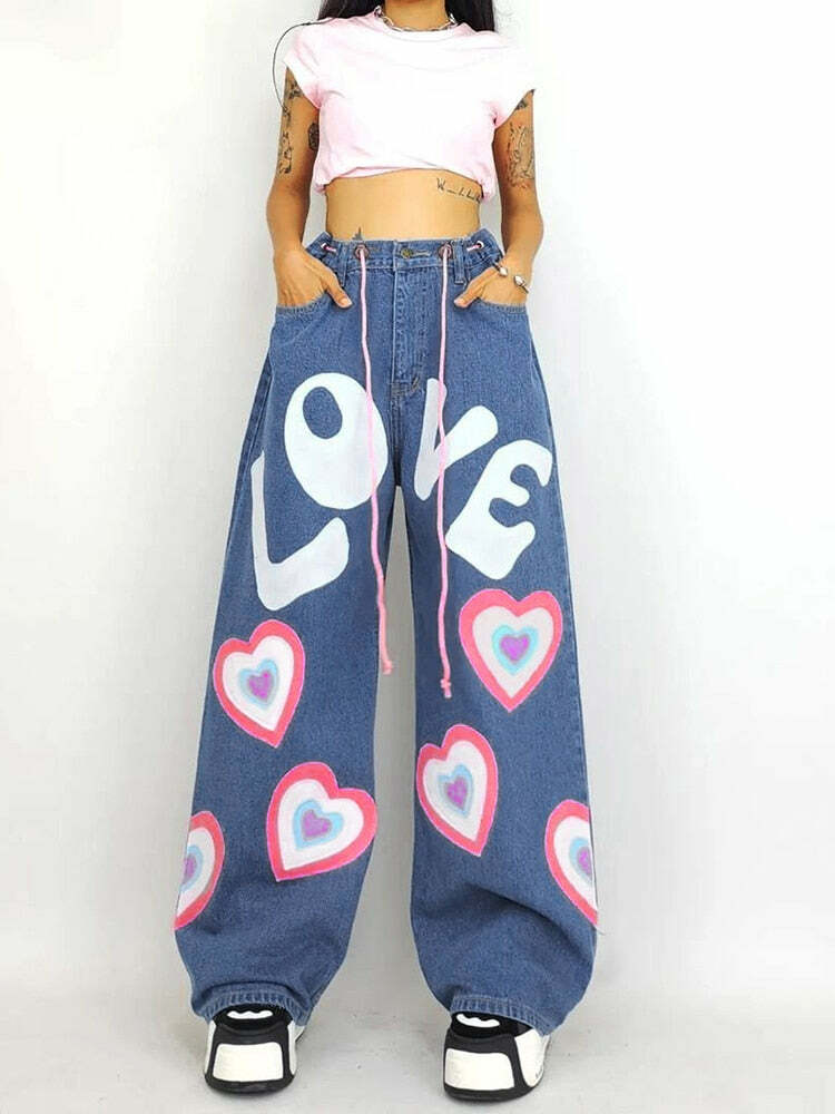 Y2K Indie Girl Heart Baggy Jeans - Retro 90s Grunge, Summer Y2K Outfits, Pastel Goth Style